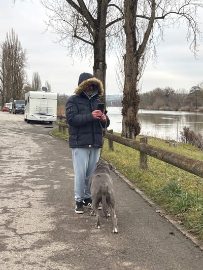The image depicts an outdoor scene in Bech-Kleinmacher, Luxembourg, along what appears to be a riverside or lakeside path. A Caucasian male, estimated to be middle-aged with a grey beard, stands centrally on a paved walkway. He is dressed in a dark blue or black hooded winter jacket with a fur-lined hood, light blue sweatpants, and black sneakers. The man is holding a black smartphone horizontally with both hands, looking at its screen. A leash extends from his hand to a grey, muscular dog, possibly a Pitbull-type, positioned to his right and slightly behind him. The dog, facing away from the camera, stands on the path with its head slightly turned towards the man.
To the immediate right of the paved path, a low wooden rail fence separates the walkway from a grassy bank that slopes down to a wide, calm body of water. The far bank of the water is lined with leafless deciduous trees. To the left of the path, a row of tall, bare trees stands. Beyond these trees, on an unpaved surface, a line of recreational vehicles is parked. The closest vehicle is a large white camper van with a satellite dish mounted on its roof and a bicycle rack at the rear. Additional vehicles, including a darker-colored camper and a red car, are visible further down the line. The sky is overcast, indicating a cold or temperate season.