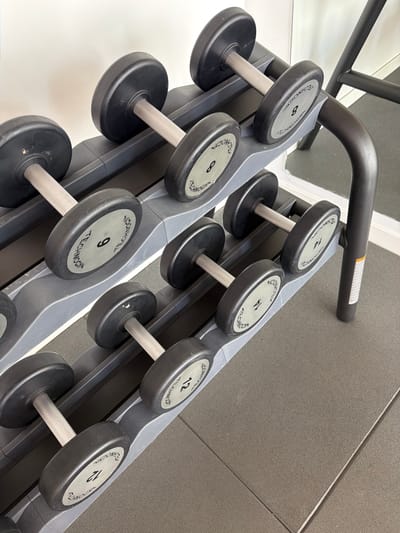 A tiered rack of dumbbells is positioned on a gray rubber floor. The rack itself is dark gray with lighter gray supports for the dumbbells. Each dumbbell has black, circular weights on either end and a silver, textured handle. The weights are marked with numbers indicating their weight, with visible numbers including "8", "9", "12", and "14". The background consists of a white wall and a portion of a black metal gym structure. The image is taken from a slightly elevated angle looking down at the dumbbells.