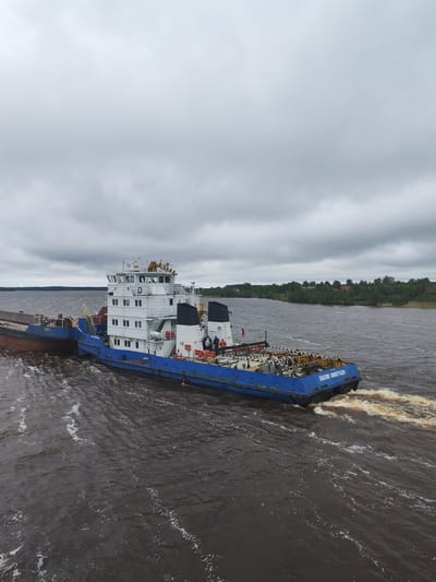 A blue and white tugboat, identified as "PAVEL VINOGRADOV" in Cyrillic script, is moving across the water, leaving a wake. A barge is attached to its side. The location appears to be near Анхимово, Russia, judging by the river landscape and construction of the tugboat. The sky is overcast. Trees are visible on the shoreline in the background. There are several people on the boat.