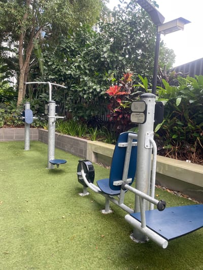 An outdoor exercise area features several pieces of galvanized steel gym equipment set on artificial turf. The equipment includes a leg press machine with a blue seat and footplate, a torso rotation machine with a blue seat, and other machines with blue seats and various handlebars. A tall lamp post with two lights stands in the background. Lush green foliage and some red-leafed plants are visible behind the equipment, and a concrete wall runs along the edge of the area. The scene appears to be in a park or public space in Brisbane, Australia, suggested by the tropical-looking vegetation and the style of the outdoor gym equipment commonly found in public parks. No people are present in the image.