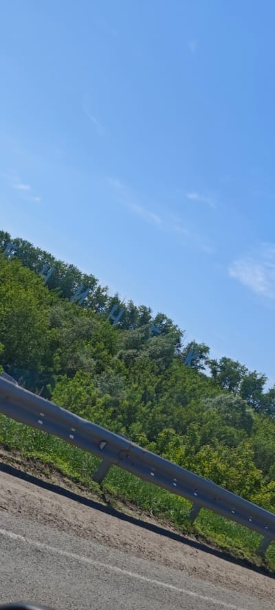 The image shows the Buinsk sign on a hill, viewed from what appears to be a roadway. A guardrail is visible in the foreground. The sky is blue with some clouds. The hillside behind the road is covered in green trees, through which the letters of the city name, "БУИНСК" (BUINSK), are positioned.