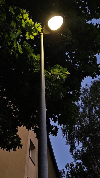 A street lamp with a glowing white light illuminates the leaves of a large tree in the foreground, casting shadows. The lamp post is tall and gray, positioned in the center of the frame, angled slightly to the left. To the left of the lamp post, a portion of a tan building with a triangular window is visible. The sky behind the trees is a deep blue, indicating dusk or early evening. To the right, another tree with lighter bark and dense foliage is partially visible. The scene appears to be located outdoors, likely in a residential or urban area of Roßleben, Germany, given the presence of the building and street lighting. There are no people or animals present in the image.
