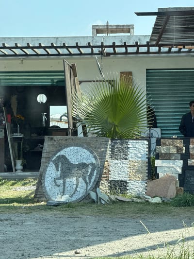 A sideways shot captures a building with a metal ladder on its facade. A green palm frond spreads out next to displayed stone tiles in various colors and patterns. A round mosaic with a bird-like design sits on weathered wood. In the background, a figure is partially visible near a rolled-up shutter. A dirt road and greenery are visible to the right of the building.