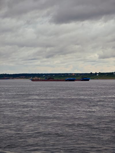 In Zotino, Russia, a wide, dark river flows under a cloudy, overcast sky. Two barges, one larger and rust-colored, the other a lighter blue, are moored in the river. The barges are laden with cargo. In the background, a lush green forest lines the riverbank, interspersed with a few small houses, indicating a sparsely populated settlement. The overall scene suggests a tranquil, perhaps somber, atmosphere common in northern climates.