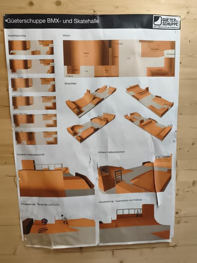 This is a poster displaying design plans for a BMX and skate hall called "Güterschuppen" in Wädenswil, Switzerland. The poster features a detailed layout of the skate park, including various ramps, a "Pyramide," "Curvy," "Box," "Trany," and "The Wall" sections.
The poster is divided into several sections. The top section is titled "Arbeitsschritte" (Work Steps) and shows a progression of the skate park design, illustrating changes from an "Alt" (old) version to a "Heute" (today) version. Below this, the "Vision" section presents a plan view of the skate park with elevation markers, indicating heights such as +1.95, +1.30, +0.75, +0.60, +0.10, +0.00, -1.00, and +1.60.
The "Ansichten" (Views) section displays 3D renderings of different parts of the skate park. Two views are labeled "Vorderer Hallenabschnitt" (Front Hall Section) and "Hinterer Hallenabschnitt" (Rear Hall Section). The poster also includes "Visualisierung Pyramide und Curvy" (Visualization Pyramid and Curvy) and "Visualisierung Quarterpipe und Wallride" (Visualization Quarterpipe and Wallride), showing specific elements within the skate park.
The lower part of the poster includes detailed visualizations of these elements, with one showing a skateboarder in action, suggesting the intended use of the facility. Brand logos such as "carhartt" and "camartt" are visible on some of the visualized skate park features, possibly indicating sponsorships or design elements. The logo for "GÜETER SCHUPPE BMX- UND SKATECLUB WADENSWIL" is prominently displayed at the top right corner, confirming the location and purpose of the poster. The overall impression is a professional and organized presentation of a recreational facility design.