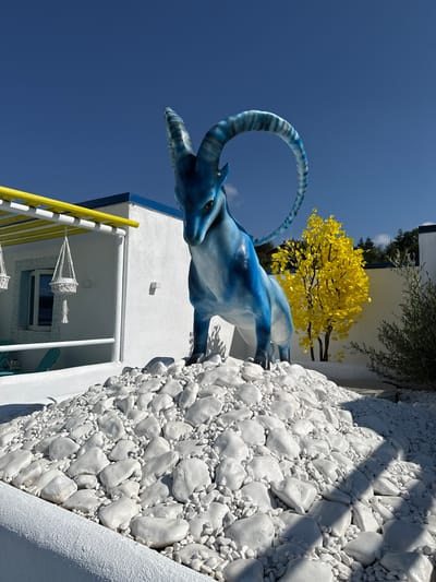 In Baliovtsi, Bulgaria, a striking blue statue of an ibex with spiraling horns is positioned prominently in an outdoor setting. The statue stands on a mound of white rocks and pebbles, creating a stark contrast against the vibrant blue sky. To the left of the statue, a white building with a yellow-trimmed pergola is visible. Hanging from the pergola are two white macrame plant hangers. In the background, a small tree with bright yellow foliage stands out, and to its right, a lush green shrub or small tree is present. The area is illuminated by bright sunlight, casting shadows on the white rocks. The overall scene depicts an artistic and somewhat whimsical outdoor display.