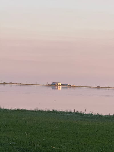 The image depicts a serene waterscape near Serhiivka, Ukraine, likely during twilight or early morning given the soft, pastel hues of the sky. In the foreground, lush green grass borders a calm body of water that reflects the gentle colors of the sky. Across the water, a strip of land is visible, sparsely dotted with vegetation and utility poles. On this land, a cluster of buildings, possibly residential or agricultural, stands out, their reflections shimmering on the water's surface. The overall impression is one of peacefulness and rural tranquility, characteristic of the landscape in and around Serhiivka.