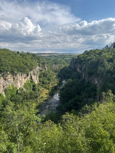 The image captures a view from a high vantage point overlooking the Emen Canyon near the village of Emen, Bulgaria. A river cuts through the canyon floor, visible as a white streak amid the dense vegetation. The canyon walls are composed of rocky cliffs and are covered with lush greenery, including trees and bushes. The sky is filled with white cumulus clouds, and a section of cultivated land is visible in the distance, beyond the canyon rim.