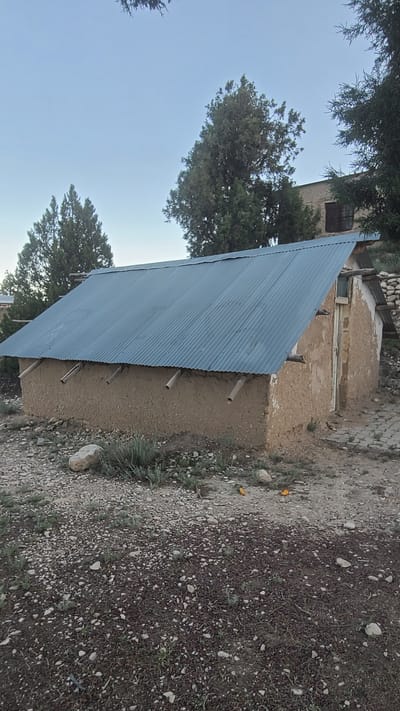The image shows a small, mud-brick building with a corrugated metal roof in Ziarat, Pakistan. The building is located in a rural area, with sparse vegetation and a gravelly ground cover. There is a small window and doorway visible in the mud-brick wall. There are trees visible in the background. The image suggests a simple, possibly impoverished, rural environment.