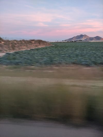 An expansive landscape is split between a pink and blue tinted sky with clouds, a verdant green field, and a faded brown area. A distant mountain range sits on the horizon. The landscape merges into blurry brown and grey sections. The image is rotated, rendering the sky on the left.