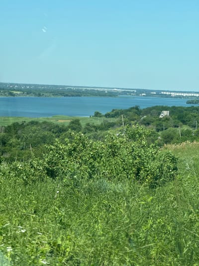 The image shows a wide, blue body of water, likely a river or a lake, under a clear, pale blue sky. The foreground is dominated by lush, green grass and vegetation, suggesting a rural or natural landscape. In the middle ground, there is a dense growth of trees and shrubs, with a small, white house with a dark roof peeking through. The background features a distant treeline and what appears to be a town or city with buildings visible along the far shore. The overall scene is tranquil and picturesque, with a focus on the natural environment and a touch of human habitation. The geographical location, Сухой, Russia, implies a setting that is likely characterized by abundant greenery and water bodies.