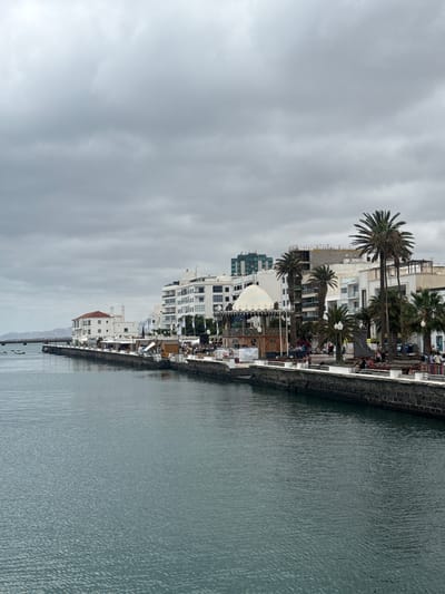 The image shows a view of the waterfront in Arrecife, Spain. The sky is overcast with a thick layer of gray clouds. The sea, a muted blue-gray, occupies the right side of the image. Along the waterfront is a series of buildings, mostly white, with some interspersed with palm trees. The buildings are various heights, and some are multi-storied. A few people are visible along the waterfront promenade. A stone breakwater separates the water from the promenade and buildings. In the distance, a faint mountainous landscape is visible.