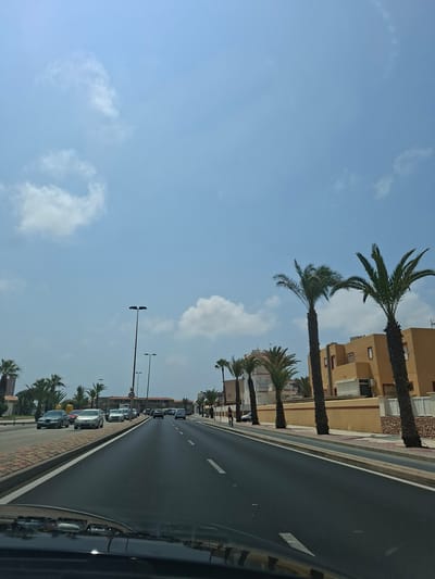The image shows a straight, paved road with traffic in La Manga Del Mar Menor, Spain. The road is lined with palm trees and buildings, mostly residential. The sky is blue with some scattered clouds. On the left side of the road, there is a sidewalk with a brick border. Cars are driving on the road, and some are parked on the side. In the distance, there are more palm trees and buildings. The image appears to be taken from a car.