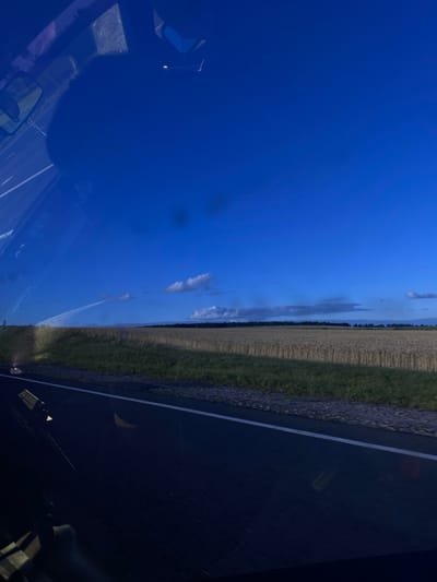 The image captures a view from inside a vehicle, looking out through the windshield at a rural landscape. The sky is a deep, clear blue with a few scattered white clouds. In the distance, a vast field of golden wheat stretches towards a treeline. A road with a white line marking runs along the bottom of the frame, with a grassy verge separating it from the field. Reflections are visible on the windshield, suggesting the vehicle is in motion. The overall scene is tranquil and depicts a typical countryside vista under a bright sky. There are no people or animals visible in the image. The location is specified as Заглядовка, Russia, a rural area consistent with the visual elements.