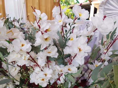 The image shows a dense arrangement of white flowers with yellow centers, interspersed with green and brown foliage. The flowers appear to be artificial, likely used for decoration. In the background, blurred elements suggest an outdoor setting in Gampongjawa, Indonesia, with glimpses of a building or structure draped with white fabric. The overall scene suggests a festive occasion.