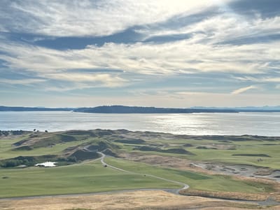 This is an aerial, wide shot of Chambers Bay Golf Course in University Place, Washington, USA. The course is characterized by its rolling green fairways, sandy bunkers, and dramatic elevation changes, with the sparkling Puget Sound and a distant tree-lined shore in the background under a bright, cloudy sky. The sun reflects off the water, creating a shimmering effect. A small pond is visible on the left side of the course. The foreground consists of dry, golden-brown grass. There are a few golfers visible on the course, some walking and others on golf carts, appearing to be playing. The scene is serene and captures the expansive beauty of the golf course and its natural surroundings.