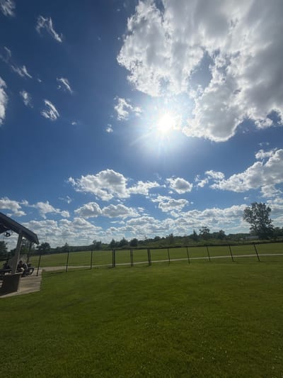 The image shows an outdoor scene with a bright sun and blue sky filled with white clouds. In the foreground, there is a well-maintained green lawn. To the left, a covered pavilion is visible, with a person sitting on a bench underneath. A black fence runs horizontally across the middle ground, separating the lawn from a wooded area and some distant structures. The overall environment appears to be a park or recreational area in Glenview, United States of America.