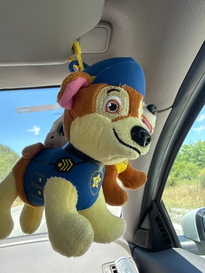 A plush toy of the cartoon character Chase from Paw Patrol, dressed in a blue police uniform, hangs from a yellow loop attached to the interior of a vehicle, likely from the sun visor. The toy is positioned in the foreground, slightly to the left of the center of the image. Behind Chase, another smaller plush toy, possibly a monkey, is partially visible. The vehicle's interior, including the textured headliner and part of the dashboard, is visible. Through the car window, a bright, partly cloudy blue sky and green, tree-covered hills are visible, suggesting an outdoor environment. The scene is framed by the car's interior trim and side mirror. The overall impression is a snapshot taken from inside a moving vehicle.