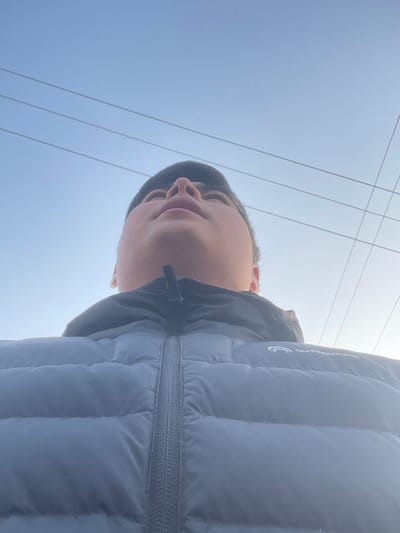 A low-angle shot depicts a person wearing a dark, puffy jacket against a light blue sky crisscrossed with power lines. The person's face, tilted upwards, is partially visible, revealing their nose and lips. The jacket's zipper is visible, and the brand name, "OUTVENTURE," is distinguishable on the upper left of the jacket. The overall perspective emphasizes the height of the power lines and the expansive sky above.