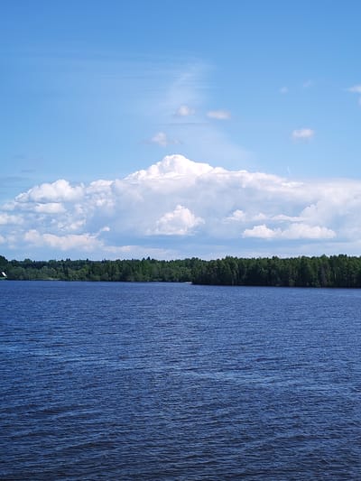 The image shows a body of water, likely a lake, under a sky with large, puffy white clouds. A line of green trees forms the far shoreline. The water is dark blue and shows small waves or ripples on its surface. A faint white contrail can be seen in the sky above the clouds. The location is believed to be near the city of Bonema, Russia. The exact location cannot be determined from this picture.