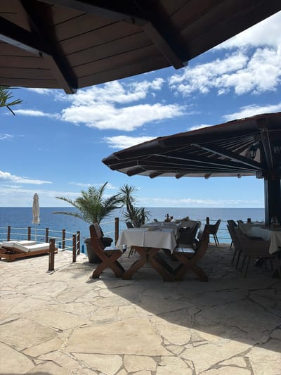 This is a photograph of an outdoor restaurant patio overlooking the sea, likely in Novoselje, Montenegro. The patio is paved with large, irregular light-colored stones and is partially covered by a dark wooden structure with a sloped roof.
In the foreground, two wooden chairs with an 'X' shaped base are positioned around a table covered with a white tablecloth. The table is set with place settings and condiments. To the left of this table, another table is partially visible, also set with a white tablecloth.
Further back, beyond the tables, there is a railing separating the patio from the water. Beyond the railing, a white beach umbrella is partially opened, and a wooden lounge chair with white cushions is set up. Two palm trees are visible on the patio, one in a large dark pot.
The sea is a deep blue, meeting a bright blue sky with scattered white clouds. The horizon is clearly defined between the sea and sky. The image captures a serene, coastal dining setting. There are no people visible in the image.