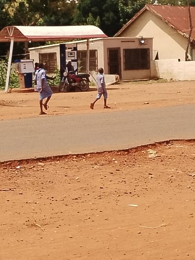 Two young boys, likely students given their uniforms, are walking on a dirt road beside a paved one in what appears to be a rural or semi-urban setting in Adikpo, Nigeria. One boy, on the left, wears a light blue uniform with a skirt-like bottom and is walking away from the camera. The other boy, on the right, is also in a light blue uniform, wearing shorts, and is walking towards the right.
Behind them, a small building with a covered outdoor area, possibly a small shop or a bus stop, is visible. A red motorcycle is parked under this shelter, and a gas pump is also present, suggesting it might be a roadside stop with basic amenities. The building has barred windows and a light-colored facade. The overall scene is illuminated by daylight, likely mid-morning or afternoon, with a clear sky. The ground is dry and dusty, consistent with the local climate. There are no discernible signs of specific emotions on the boys' faces due to the distance and image quality. The setting appears to be a common area where people might congregate or pass through, with evidence of everyday life.