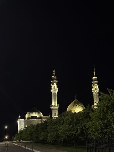 A photograph taken at night shows the Kul Sharif Mosque, a prominent landmark in the city of Bolgar, Republic of Tatarstan, Russia, not Privolzhsky as mentioned in the prompt. The mosque is illuminated, with its white minarets and golden dome prominently visible against the dark sky. Lush green trees in the foreground partially obscure the lower sections of the mosque, creating a layered effect. The lighting highlights the architectural details of the mosque, including its intricate patterns and ornate spire. In the lower left corner, a lamppost is visible, casting a faint light on a pathway in front of a metal railing. The overall scene conveys a sense of nocturnal grandeur and architectural beauty.