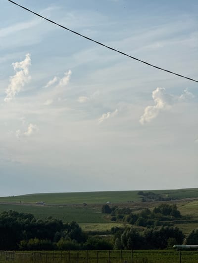 An image taken from a slightly elevated perspective shows a rural landscape under a cloudy sky with a power line stretching across the top. In the distance, a large, green, cultivated field is visible, with a road running along its edge. Several vehicles, including trucks, are driving on the road. Below the cultivated field, there are patches of darker green trees and vegetation, with some evidence of tiered fields or terraces. In the foreground, a wooden fence runs horizontally across the bottom of the image, with more vegetation behind it. The overall scene depicts a serene countryside view.