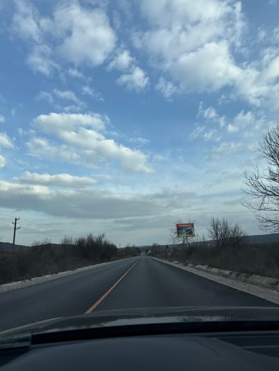 The image displays a forward view from inside a vehicle along a straight, dark asphalt road under a partially cloudy blue sky. A single orange line marks the center of the road, which extends into the distance, appearing to curve slightly rightward at the horizon. The bottom of the frame shows the vehicle's dashboard.

On the left side of the road, dry, dark brown vegetation, consisting of bare bushes and small trees, lines the shoulder. Further down, a utility pole with overhead power lines is visible against a backdrop of distant hills.

On the right side, similar dry, sparse vegetation and bare tree branches are present. A large billboard stands prominently, displaying the text "TECHNOPOLIS" and an image that includes a red vehicle. Beyond the billboard, structures consistent with a settlement's outskirts are discernible.

No individuals are present within the frame. This scene is located within the city of Gorski Izvor, Bulgaria.