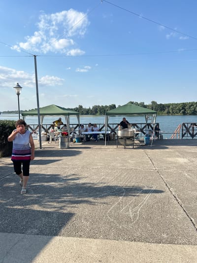 The image, taken in Belene, Bulgaria, shows an outdoor event taking place along a waterfront. The scene is bathed in bright sunlight, indicating a clear day, likely midday or afternoon, with a few scattered clouds in the blue sky.
Several people are visible, engaged in various activities. Under a green canopy, a man is playing a steel drum. In the background, other individuals are seated at tables, possibly enjoying food or conversation. A woman in the foreground is walking, seemingly engaged with something near her face. Shadows of people and trees are cast on the concrete ground, highlighting the time of day.
The setting appears to be a public area near a body of water, with a wooden structure and a dock or pier visible. The presence of canopies and tables suggests a casual gathering or festival. A lamppost is also present in the scene. The overall mood seems relaxed and pleasant, typical of an outdoor summer event. No visible text is present in the image.