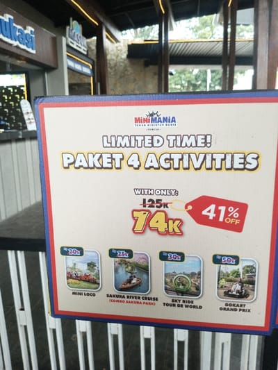 A promotional sign, primarily white with red and blue borders, dominates the foreground, partially obscuring a white railing at the bottom. The sign advertises "MiniMania Taman Miniatur Dunia - Puncak" with a "LIMITED TIME! PAKET 4 ACTIVITIES" offer, priced at 74K, reduced from 125K, indicating a 41% discount. Four miniature images on the sign depict individual activities: a "MINI LOCO" train (Rp 20K), a "SAKURA RIVER CRUISE (COMBO SAKURA PARK)" boat ride (Rp 25K), a "SKY RIDE TOUR DE WORLD" aerial ride (Rp 30K), and "GOKART GRAND PRIX" (Rp 50K). In the background, elements of an outdoor or semi-outdoor structure are visible, including dark wooden beams supporting a corrugated roof, a counter or table on the left, and blurred green foliage from distant trees. Indistinct signage is partially visible on the left, one appearing to contain "Edukasi." This scene is located in Tân Kỳ Commune, Vietnam.