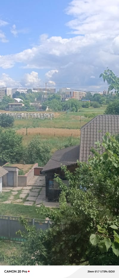 A medium-shot, eye-level view captures an urban landscape under a cloudy sky in Borodianka, Ukraine. The foreground is dominated by lush green trees and bushes, with a dark-roofed building and a grey fence visible on the left. In the mid-ground, a field of dry, brown grass stretches towards a row of structures, including what appears to be an abandoned greenhouse or agricultural building with a damaged roof. Further in the background, modern apartment buildings and construction sites with cranes indicate ongoing development. The scene is bathed in natural daylight, with the sky a mix of bright blue and white clouds. The overall impression is one of a semi-rural area within a developing city.