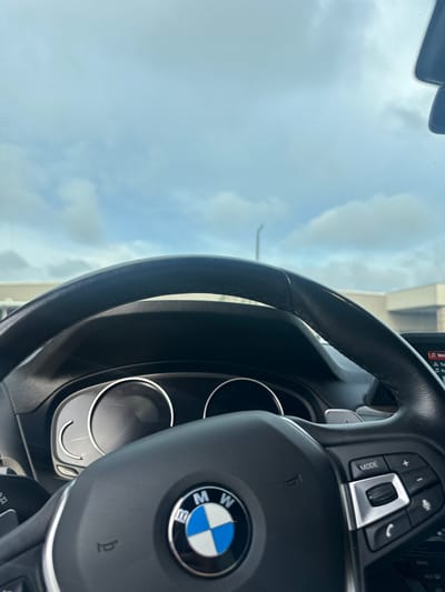 A partial view from inside a BMW, capturing the steering wheel with the iconic logo prominently displayed. The dashboard and digital display are partially visible. Through the windshield, a cloudy sky is seen, suggesting an outdoor setting. The composition focuses on the car's interior elements, highlighting the luxury vehicle's design.