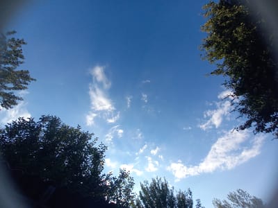 A low-angle, wide shot captures a vibrant blue sky dotted with scattered white clouds. The top and side edges of the frame are partially obscured by the dark foliage of trees, creating a natural border. In the lower left quadrant, the corrugated roof of a structure is visible. The scene appears to be an outdoor setting, possibly in Keles, Uzbekistan, on a clear day. No people or animals are present in the image. The lighting suggests it is daytime.