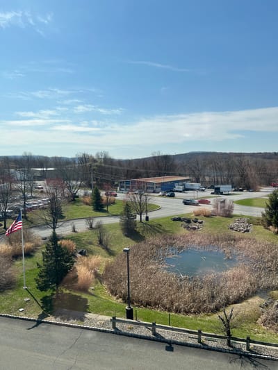 The image shows a vertical view of a landscape in the Town of New Windsor, United States of America. A road runs along the right side, bordered by a wooden fence. A pond is visible next to the road, surrounded by dry vegetation and some green grass. A row of buildings is visible in the midground on the left, with several vehicles parked along the road. The American flag is visible in the foreground. The sky is blue with some white clouds.