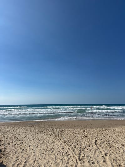 This image captures a coastal scene under a clear, unclouded sky, characteristic of a beach adjacent to Gaash, Israel. The upper two-thirds of the frame are dominated by a bright, deep blue sky. The horizon line separates the sky from the Mediterranean Sea, which exhibits multiple parallel lines of white-capped waves breaking towards the shore. The ocean water varies in color from deep blue to turquoise where the waves crest. The foreground consists of light brown sand, showing a coarse texture with visible grains and undulations. Two distinct sets of parallel tire tracks, or similar indentations, are visible on the sand, traversing from the mid-foreground towards the lower right side of the frame. A single dark-colored pole, possibly supporting a small, unreadable sign, is partially submerged in the shallow water, leaning slightly to the left and positioned slightly to the right of the image's center. No individuals, animals, or other man-made objects are present. The scene is brightly illuminated by direct sunlight.