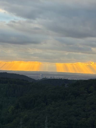 The image depicts a dramatic sunset over a landscape that includes a city skyline. The sun's rays are breaking through a band of dark clouds, creating a striking visual effect of golden light beams descending towards the horizon. In the foreground, a dense, dark green forest covers rolling hills. In the distance, the urban sprawl of a city is visible, with buildings and what appears to be a large industrial structure, possibly a cooling tower, standing out. The sky is a mix of dark, heavy clouds and brighter patches where the sunlight is shining through. The overall atmosphere is one of natural grandeur and the juxtaposition of nature and urban development. The location is identified as Sissach, Switzerland, suggesting this viewpoint is from a vantage point overlooking the town and its surrounding area. There are no people or discernible actions captured in this still image.