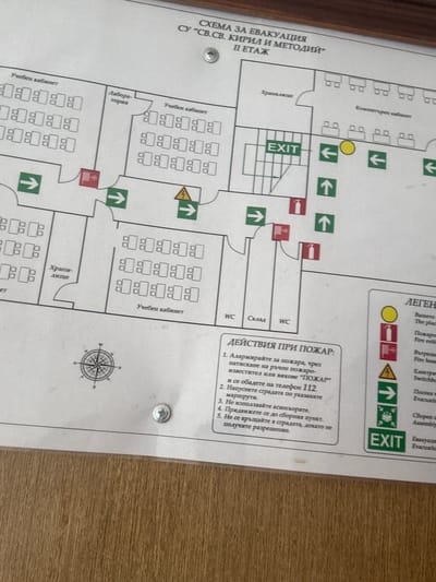 The image displays a portion of an evacuation map from a building, likely a school or educational institution, identified as "CXEMA ЗА ЕВАКУАЦИЯ СУ "СВ. СВ. КИРИЛ И МЕТОДИЙ" II ЕТАЖ" which translates to "EVACUATION PLAN FOR SU 'ST. ST. CYRIL AND METHODIUS' 2ND FLOOR". The map shows various rooms labeled as "Учебен кабинет" (Study room/Classroom), "Лабора-тория" (Laboratory), "Хранилище" (Storage), and "Компютърен кабинет" (Computer room). It also indicates emergency exits with "EXIT" signs and directional arrows for evacuation routes. Fire safety equipment such as fire extinguishers and alarms are depicted. A legend in the lower right corner explains the symbols used on the map, including a yellow circle representing "The place", a red cylinder for "Fire hose", a switchboard icon for "Electric Switchboard", and a figure with an arrow for "Assembly point/Evacuation Assembly". The map is affixed to a wooden surface, possibly a wall or a table, with a screw visible in the upper right quadrant of the image. The location in the city of Satovcha, Bulgaria, is not directly indicated on the visible portion of the map itself, but the text on the map is in Bulgarian. There are no people or specific actions depicted other than the static representation of the building layout and evacuation procedures.