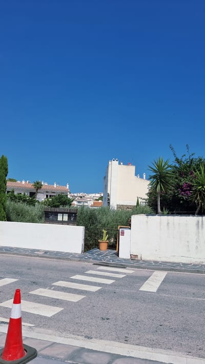 This is an eye-level, medium shot of a street in Cadaqués, Spain, on a clear, sunny day with a vibrant blue sky. In the foreground, a pedestrian crosswalk is painted white on the asphalt road. To the left, a red and white traffic cone sits on the pavement.
In the middle ground, a white wall runs horizontally across the image. Through an opening in the wall, a sign reads "SES HORTES" followed by smaller text indicating "BAR RESTAURANT TAKE AWAY". A potted cactus sits to the right of the opening. Beyond the wall, lush green olive trees and various shrubs obscure the lower parts of buildings.
Further in the background, several buildings are visible. To the left, a cluster of white buildings with red-tiled roofs and multiple chimneys are nestled among trees. In the center, a tall, cream-colored building with white accents and a prominent red structure on its rooftop stands out. To the right, a palm tree and a bush with vibrant purple flowers are in front of another white building. The scene suggests a coastal town setting with typical Mediterranean architecture. There are no people visible in the image.