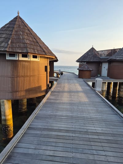The image captures a scene in Bodufolhudhoo, Maldives, featuring structures built over water. Dominating the view are wooden buildings with distinctive, steeply pitched roofs covered in brown wooden shingles. The buildings are supported by concrete pillars submerged in the sea. A wooden boardwalk extends through the composition, constructed from light gray planks. The boardwalk connects the buildings and provides a pathway. The backdrop is the horizon line where the sky transitions from a pale blue to a lighter, almost white hue near the water. The angle and orientation of the photograph suggest a perspective either from the boardwalk itself or a slightly elevated position adjacent to it. The overall lighting indicates either dawn or dusk.