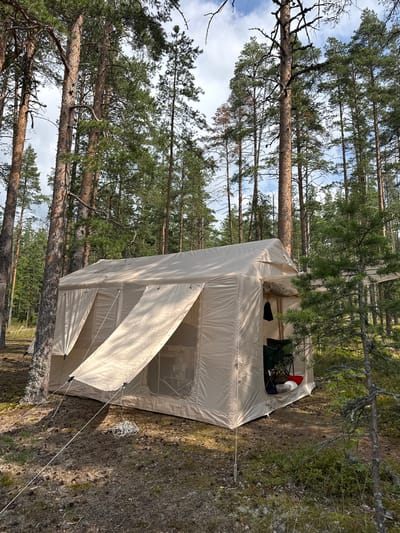 A spacious, tan canvas tent is set up in a forest clearing. The tent has multiple windows and doors, with some of the flap covers pulled open, revealing the interior. A green folding chair is visible inside the tent, along with a red bucket and other camping items. The tent is secured with guy ropes to the ground, which is covered in pine needles and moss. Tall pine trees surround the clearing, their trunks weathered and their needles forming a dense canopy overhead. The sky above is partly cloudy. The location is identified as Priladozhskoe, Russia, implying a wilderness or camping setting near Lake Ladoga.