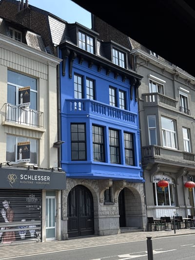 The image shows a street view in Dinant, Belgium, featuring a row of buildings. The central building is painted a vibrant blue and has a distinctive architectural style with black-framed windows and a balcony. To its left is a cream-colored building with "A VENDRE" signs in the windows and a shop named "SCHLESSER BIJOUTERIE - HORLOGERIE" at street level with a rolling shutter. To the right of the blue building is a gray building with several windows and balconies, housing a restaurant called "LE PAYS DE HONG KONG" with outdoor seating. The street is paved with gray and white tiles, and there are some bollards and a white line marking the edge of the road. The sky is clear and blue.