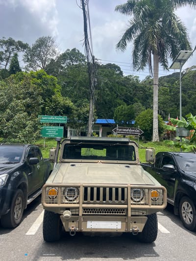This is a vertically oriented, eye-level photograph taken outdoors in a tropical environment, likely Thailand, given the signage. The scene depicts two vehicles parked on an asphalt road next to a lush, green, and hilly landscape covered in dense vegetation and trees. A prominent palm tree is visible on the left side of the image, its fronds reaching towards a slightly overcast sky.
In the foreground, a light brown, military-style vehicle, possibly a Humvee, is parked. Its front grille, circular headlights, and a heavy-duty bumper are clearly visible. To its left and partially behind it, the rear of a dark-colored pickup truck is parked.
A significant element in the scene is a green directional signpost. The sign is written in both Thai and English. The English text reads: "WANGPRACHAN PLANT QUARANTINE STATION" and "KHUANDON IMMIGRATION CHECK POINT-SATUN IMMIGRATION". This indicates the location is a border crossing or a checkpoint related to plant quarantine and immigration.
Other details include utility poles with a tangle of electrical wires running overhead, and some banana plants visible behind the sign. The lighting suggests it is daytime, but the overcast sky might be obscuring direct sunlight. No people are visible in the frame. The overall impression is one of a functional border or inspection point in a natural, verdant setting.