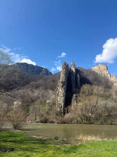 This image depicts a natural landscape located in the vicinity of Lyutibrod, Bulgaria. The upper half of the frame is dominated by a clear, bright blue sky with scattered white cumulus clouds.
In the midground, a wide river with murky, olive-green water flows from left to right, exhibiting surface ripples and currents. The immediate foreground consists of a vibrant green grassy bank on the left, with some drier patches of grass and soil. Small, indistinct items, including a blue wrapper, are visible as refuse near the water's edge on the foreground bank.
Beyond the river, a mountainous terrain rises steeply. The central-right portion of the scene features two prominent, weathered, light grey-brown vertical rock formations, characteristic of the "Rittles," towering over the landscape. A larger, craggy grey mountain face is visible on the far left. The mountain slopes and areas along the river are densely covered with deciduous trees and bushes, predominantly bare, indicating a late winter or early spring season. Scattered patches of light green foliage and white blossoms are discernible among the trees. Thin, dark power lines are visible spanning horizontally across the mid-upper section of the image, traversing in front of the rock formations and forested hills. A white object, possibly a plastic bag, is entangled in a bare tree branch on the far side of the river. No human figures or animals are visible within the frame.