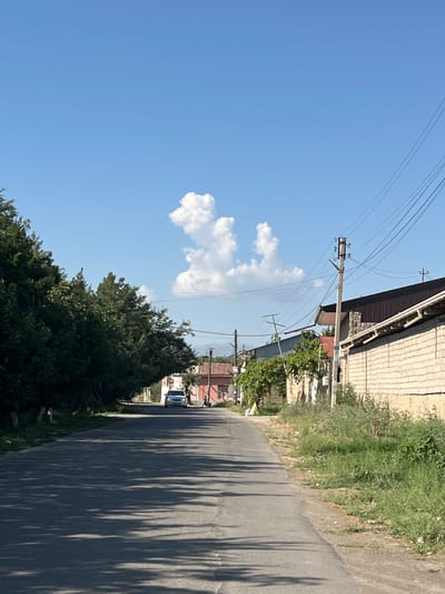 The image shows a sunlit street in the city of Chardara, Uzbekistan. The street is paved and lined with trees on the left and buildings on the right. A white car is driving down the street, and its headlights are on. In the sky, there are a few white clouds. The overall scene is peaceful and ordinary.