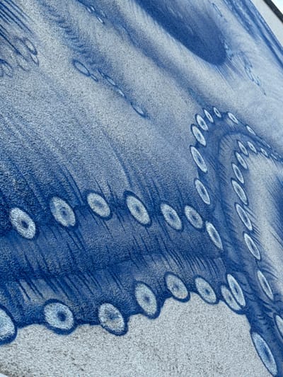 This is a close-up, angled shot of a blue octopus mural on a textured, light-colored wall, likely concrete or stucco, in Strombeek-Bever, Belgium. The mural features swirling lines and circular suction cups in varying shades of blue. The perspective emphasizes the texture of the wall and the sprayed or painted detail of the artwork. The overall impression is abstract due to the close cropping and the dynamic rendering of the octopus tentacles.