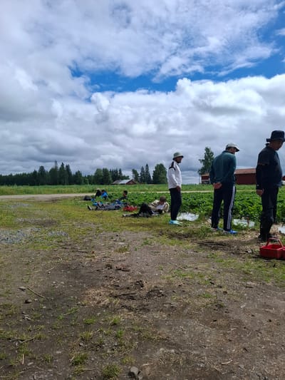 The image depicts an outdoor scene, likely a strawberry farm, in Mikkeli, Finland. Several individuals are present, some standing in a line and others resting on the ground amidst rows of green plants. The sky is partly cloudy with patches of blue. In the background, a red building and a dense line of trees are visible. The foreground consists of a dirt path and grassy areas. People appear to be taking a break from work, with some looking down or in different directions. The overall atmosphere suggests a casual and potentially agricultural setting.