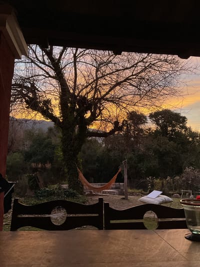 The image shows a peaceful outdoor scene at dusk, viewed from a covered patio or porch. In the foreground, a wooden table and two dark wooden chairs with ornate, oval cutouts in their backs are visible. Beyond the chairs, the backyard is illuminated by the warm glow of the setting sun, which casts a vibrant orange and yellow hue across the sky. A large, bare-branched tree with ivy clinging to its trunk dominates the mid-ground, with its silhouette stark against the colorful sky. An orange hammock is suspended between two points in the yard. To the right, a striped cushion with a white book or laptop on top rests on the grass. The background features a dense line of trees and rolling hills. The overall impression is one of tranquility and natural beauty. The specific location in El Rodeo, Argentina, cannot be determined from the image alone, but it depicts a rural or semi-rural setting. There are no people visible in the image.
