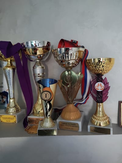 The image shows a shelf with several trophies and medals, likely on display in a home or sports facility. The trophies vary in size and design, with some being made of silver and gold-colored metal, and others featuring decorative elements like ribbons and crests. Some trophies have inscriptions on small plates attached to their bases. One plate reads "Региональный турнир по самбо, посвященный Дню Победы, Рассвет 2023". Another inscription on a plaque beneath a trophy states "Турнир по Самбо «День Защиты Детей», г. Белоусово, 2025". The background appears to be a textured wall. The overall impression is one of achievements and recognition, possibly in the context of sports competitions held in Belousovo, Russia.