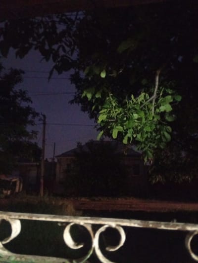 This media file depicts a dimly lit outdoor scene, likely taken at dusk or during the night, given the dark sky with a faint twilight glow. The foreground features a section of a white, ornate railing with a spiral design, suggesting it might be a balcony or porch. Beyond the railing, the scene opens to a yard or street with trees and vegetation.

In the middle ground, a house with a dark roof is visible, partially obscured by trees. A wooden utility pole stands to the left of the house. The overall atmosphere is quiet and still, with no people or animals immediately apparent. The vegetation is lush and green, with some branches and leaves extending into the frame from the top and right, creating a natural frame for the view. The sky is a deep blue-purple, indicating either the very end of daylight or a twilight period. There is no visible text in the image. The setting appears to be a residential area in Urozhaynyi, Russia, with a peaceful, almost rural ambiance. The lighting conditions contribute to a sense of tranquility and perhaps a touch of mystery due to the limited visibility of details.